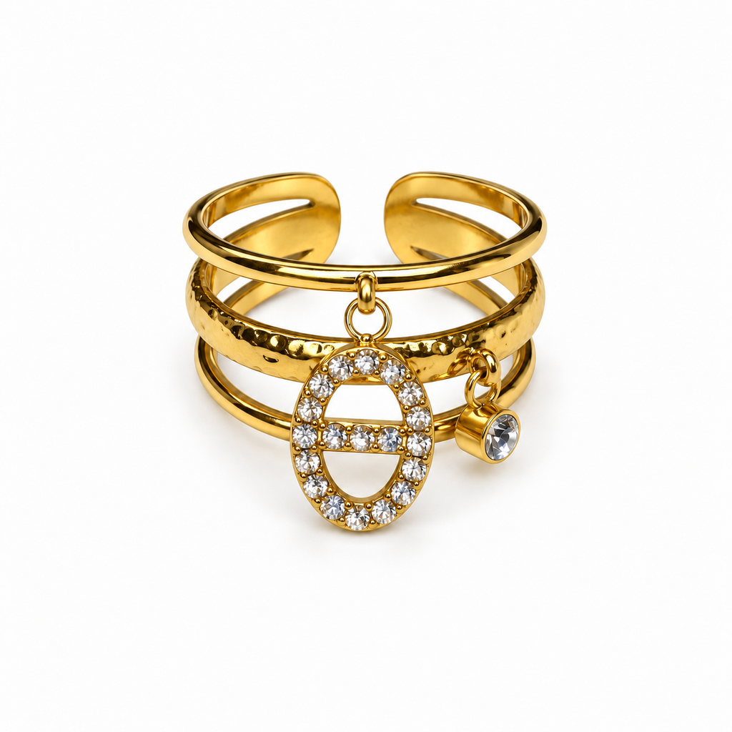 Bague dorée trois rangs à breloques strass