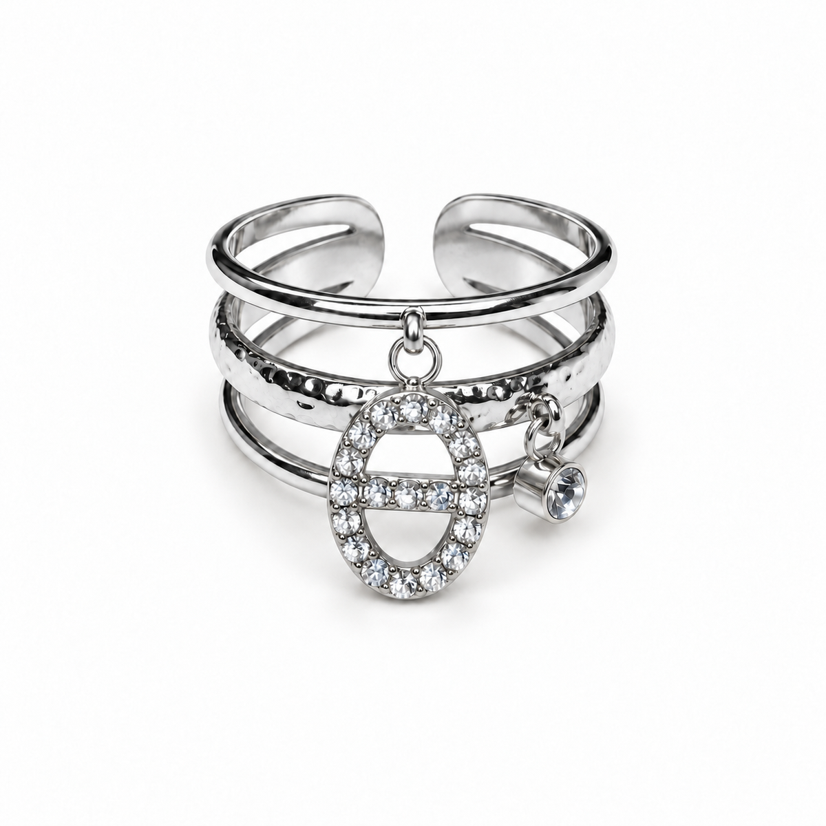 Bague argentée trois rangs à breloques strass