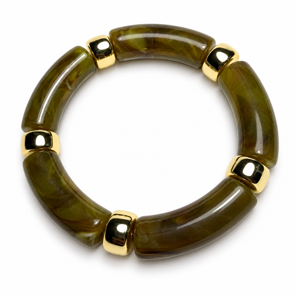 Bracelet perles cylindriques marbrées beige ou kaki et doré