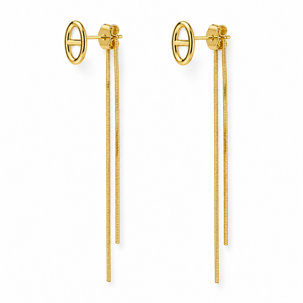 Boucles d’oreilles maille marine et chaînes pendantes dorées