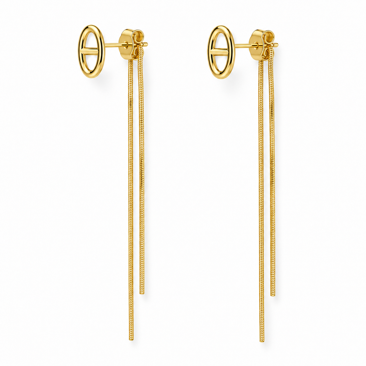 Boucles d’oreilles maille marine et chaînes pendantes dorées