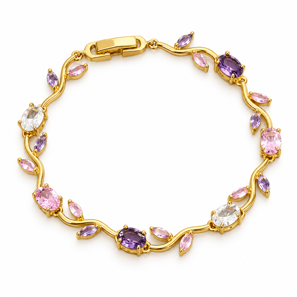 Bracelet tulipe doré à pierres violettes