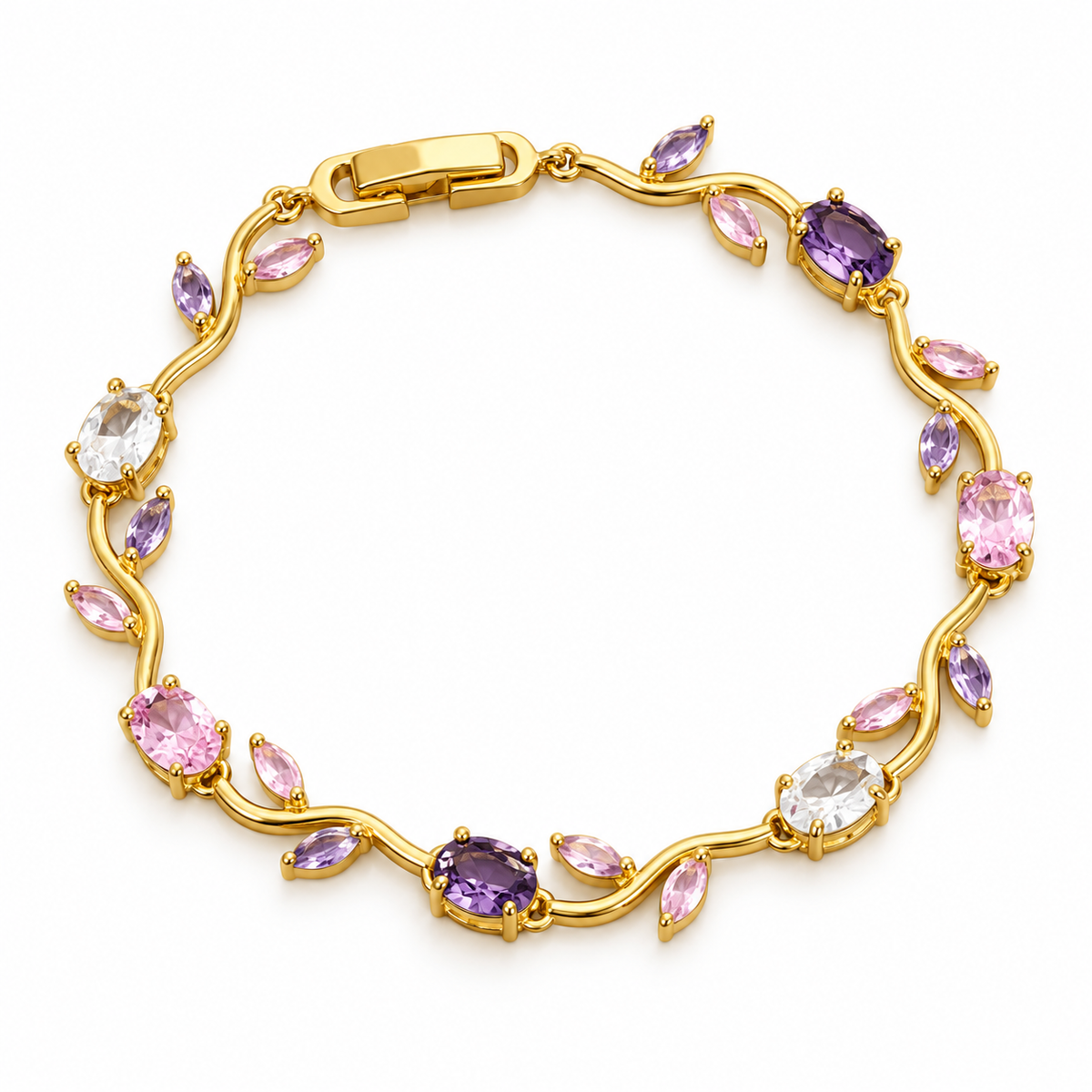 Bracelet tulipe doré à pierres violettes