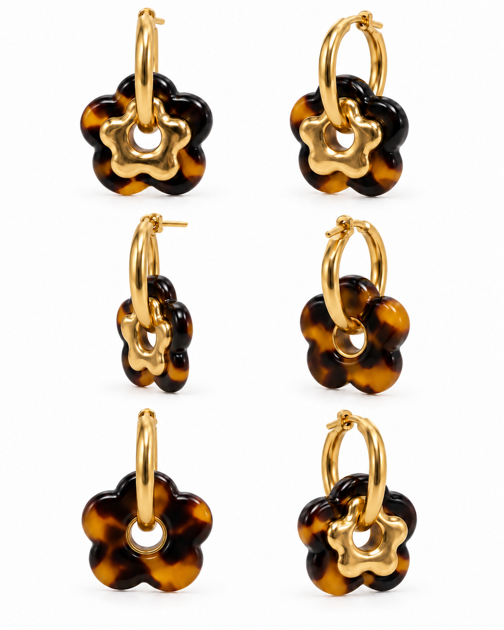Boucles d’oreilles doubles fleurs dorées et effet écaille