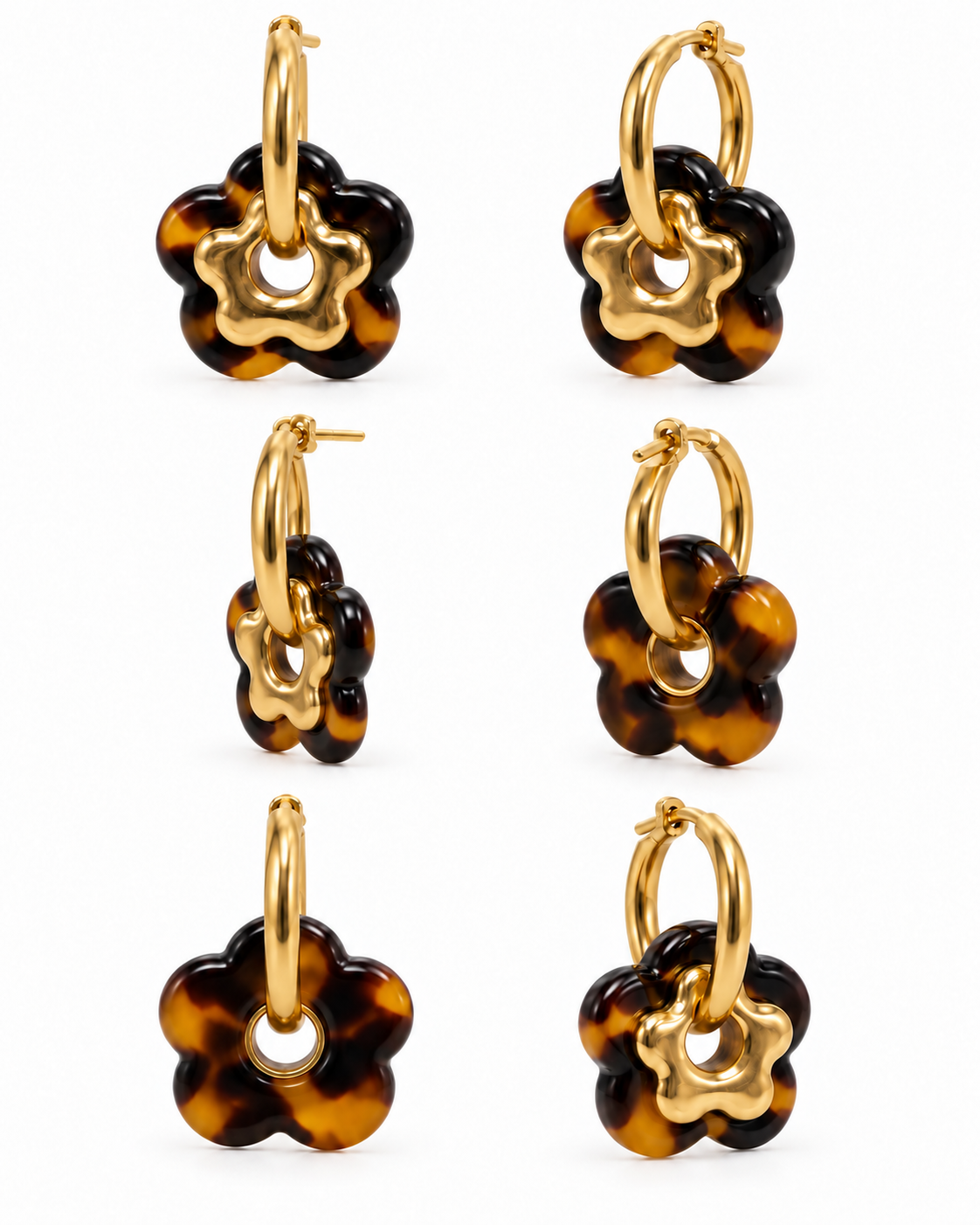 Boucles d’oreilles doubles fleurs dorées et effet écaille