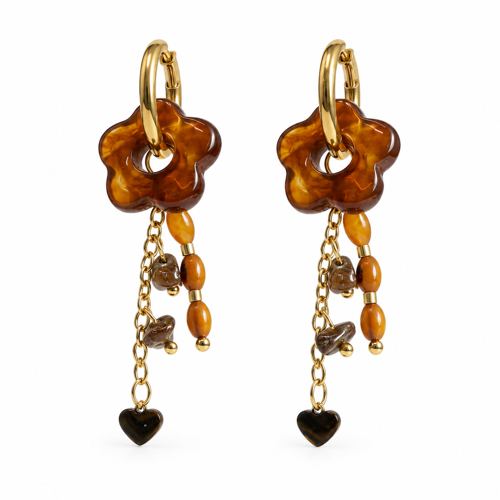 Boucles d’oreilles fleurs ambrées et pampilles