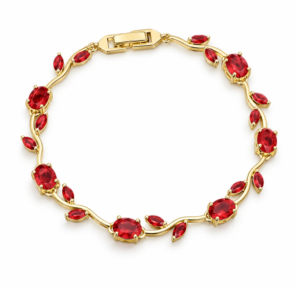 Bracelet tulipe doré à pierres rouges – Acier inoxydable