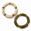 Bracelet perles cylindriques marbrées beige ou kaki et doré