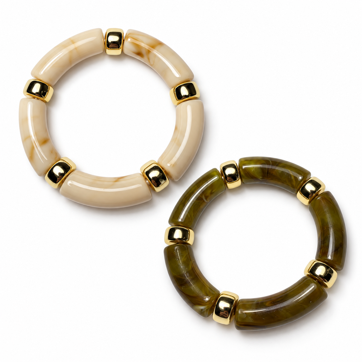 Bracelet perles cylindriques marbrées beige ou kaki et doré