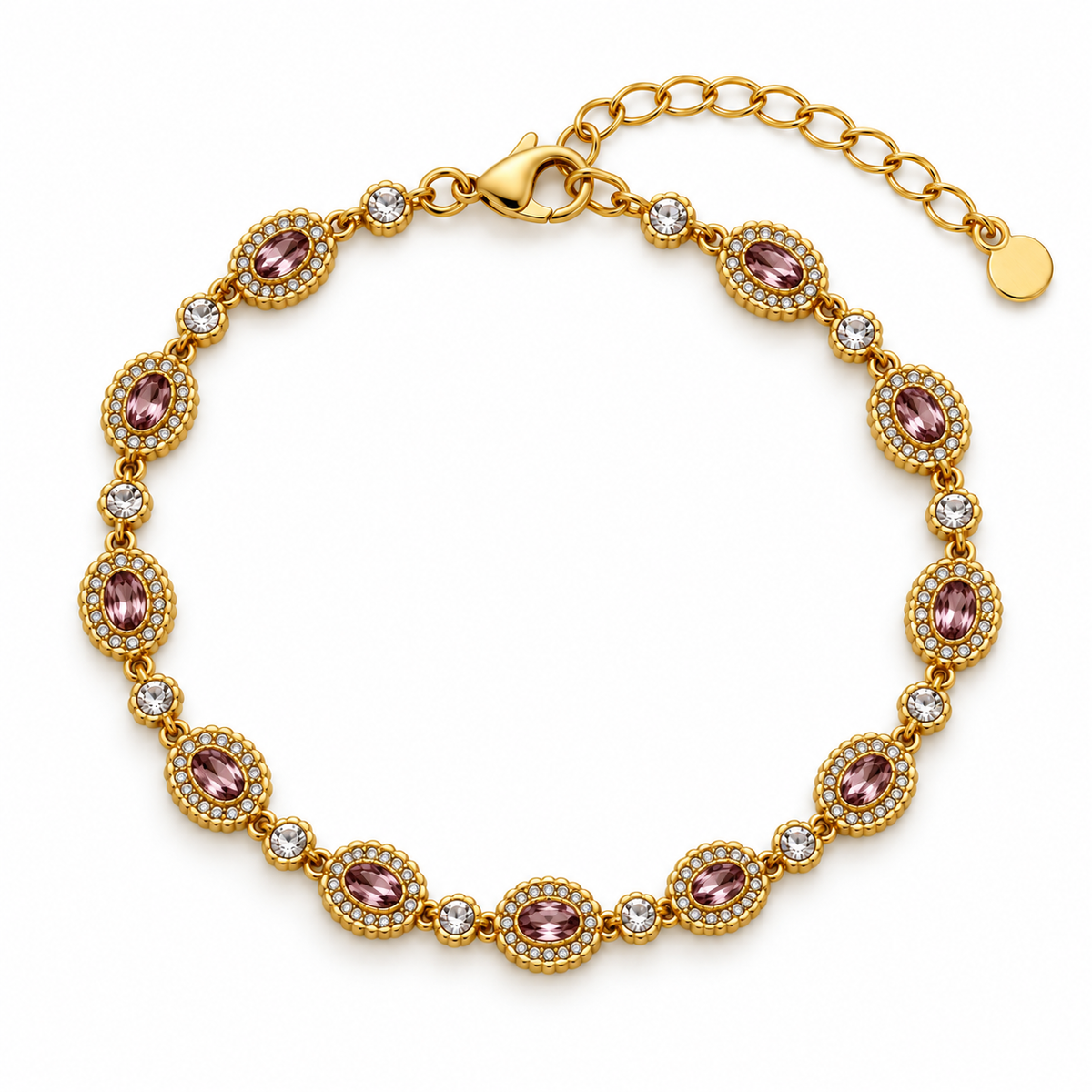 Bracelet doré à pierres ovales rose mauve et strass