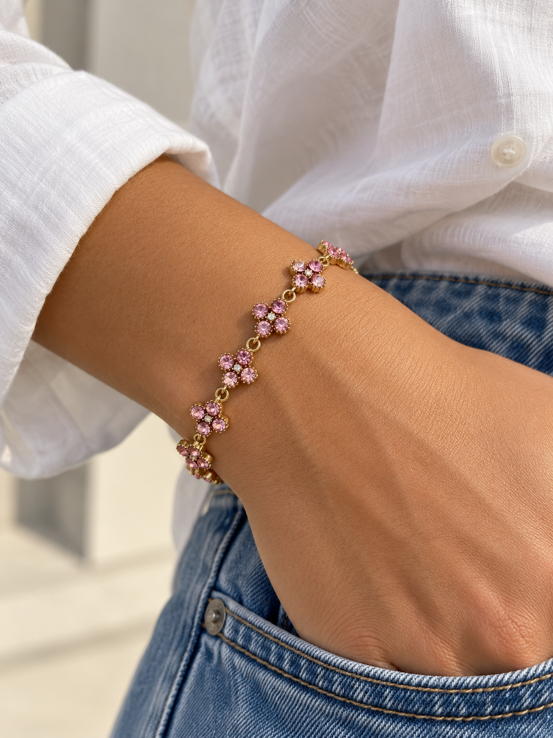 Bracelet trèfles roses en acier inoxydable