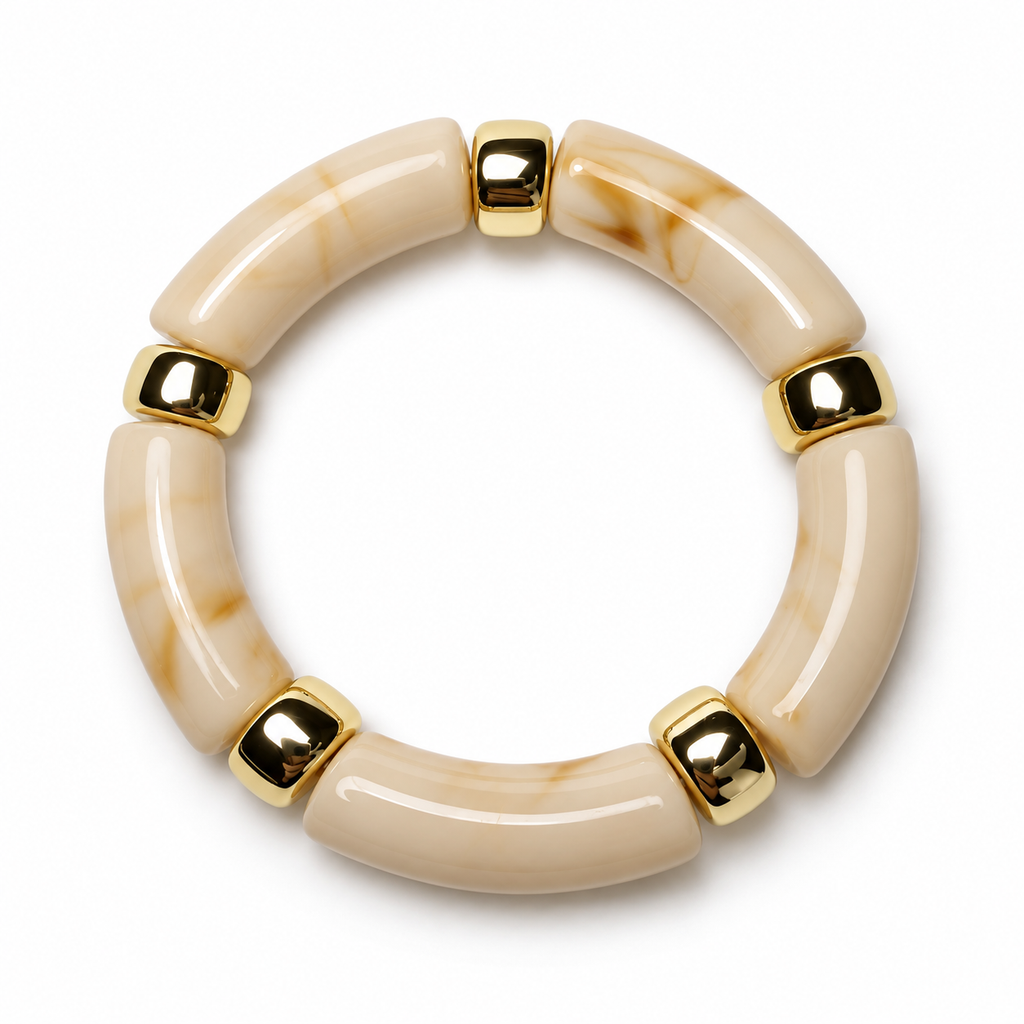 Bracelet perles cylindriques marbrées beige ou kaki et doré