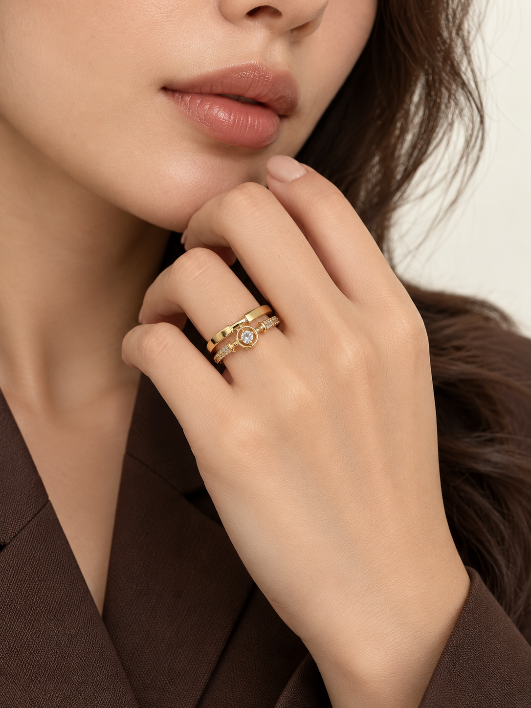 Bague dorée réglable double rang et strass