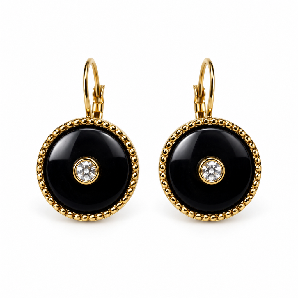 Boucles d’oreilles rondes noires et dorées – Acier inoxydable