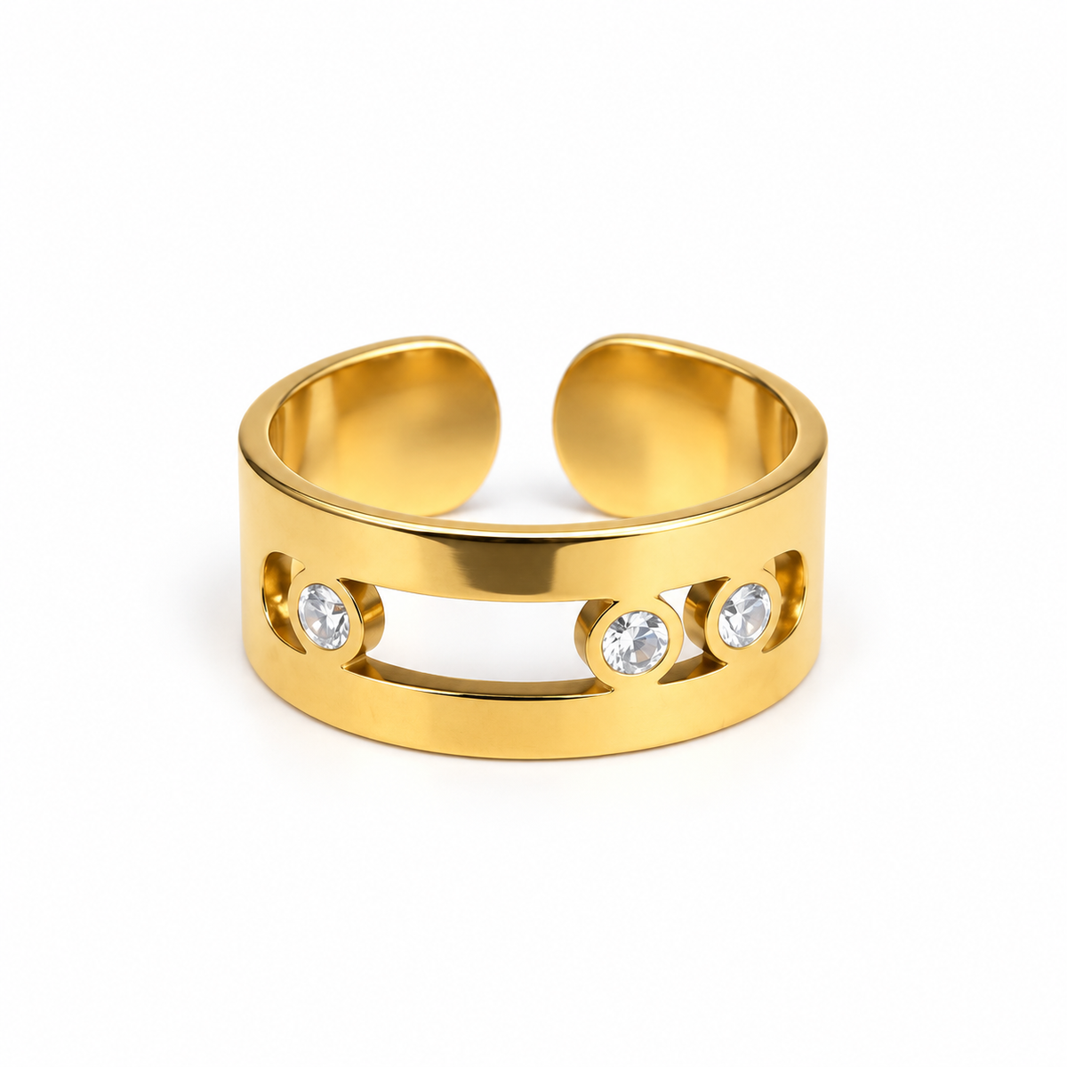Bague dorée ajourée trois strass