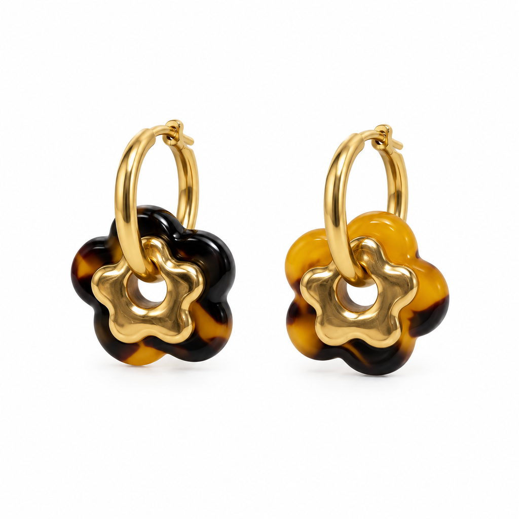 Boucles d’oreilles doubles fleurs dorées et effet écaille